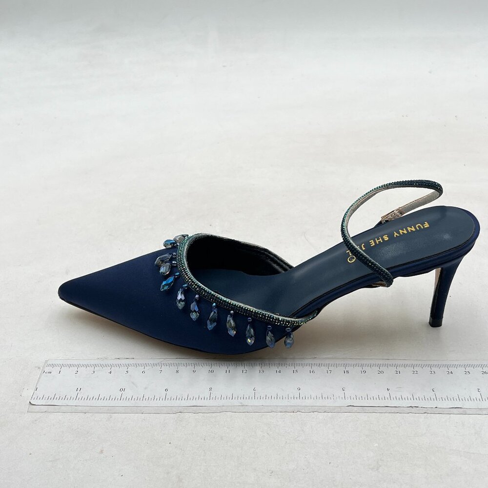 Navy Women Mules Crystal Pointed Toe Mules Mid Heels Slip On Bridal Sandals